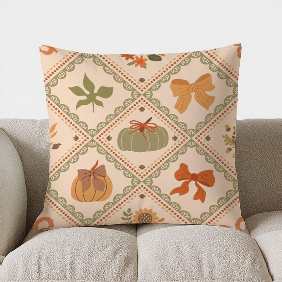 Home Decor Autumn-Themed Bow & Pumpkin Patterned Pillow Pattern Cushion Cover Suitable For Sofa Bedroom Car Pillow Cover