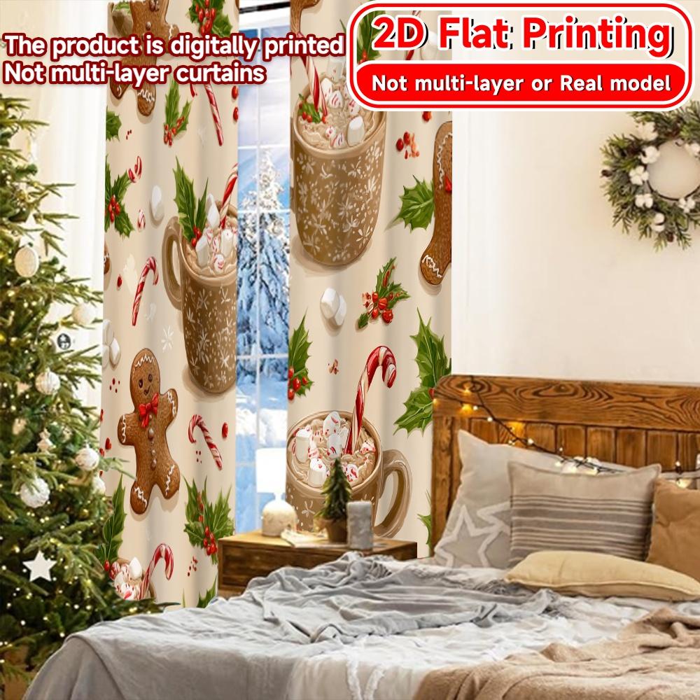 2D Flat Printing  2pcs Gingerbread Joy Popular Creative Curtains Polyester Easy Install Curtains Gifts Use for Bedroom   Living