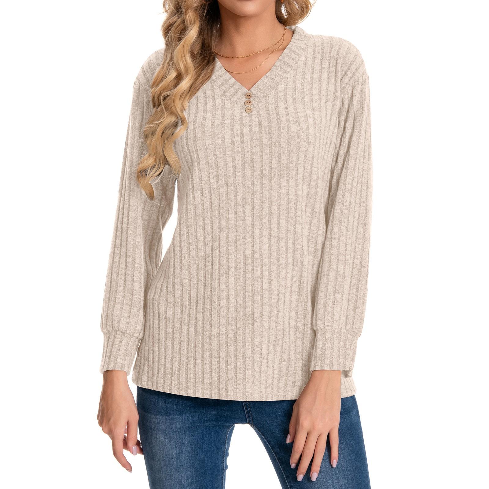 

Женская мода повседневная пуговица V-образный вырез длинный рукав однотонный тонкий удобный топ L бежевый