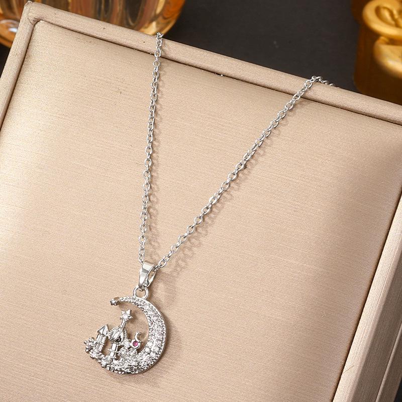 Star Moon Titanium Steel Necklace: Hollow, Full Diamond, Light Luxury Clavicle Chain for Women