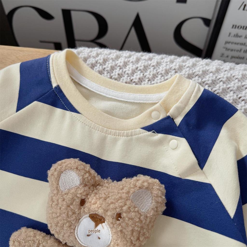 Levinjia Baby Strampler mit Streifen und kleinem Bären - Langarm-Body für Jungen und Mädchen für Frühling/Herbst