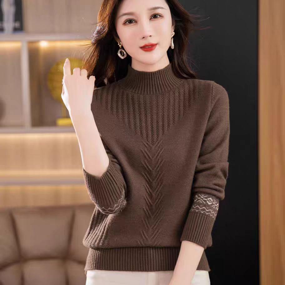 Half Turtleneck Cashmere Sweater Solid-color Long-sleeved Knitted Sweater for Women Casual Thickened Knitwear and Loose Solid-color Pullover
