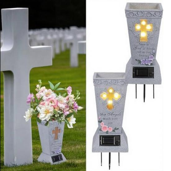 Solar Cemetery Vase with LED for Gravestone Outdoor Artificial Fresh Flower Holder Headstone