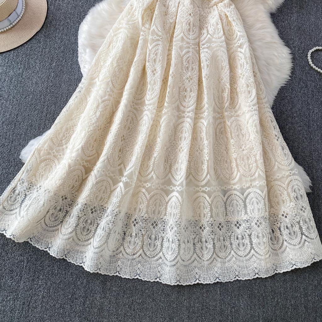 High Quality Runway Design Embroidered Beaded Round-Neck Wedding Dress for Women Summer Lace Crochet Slim Pleated Dress