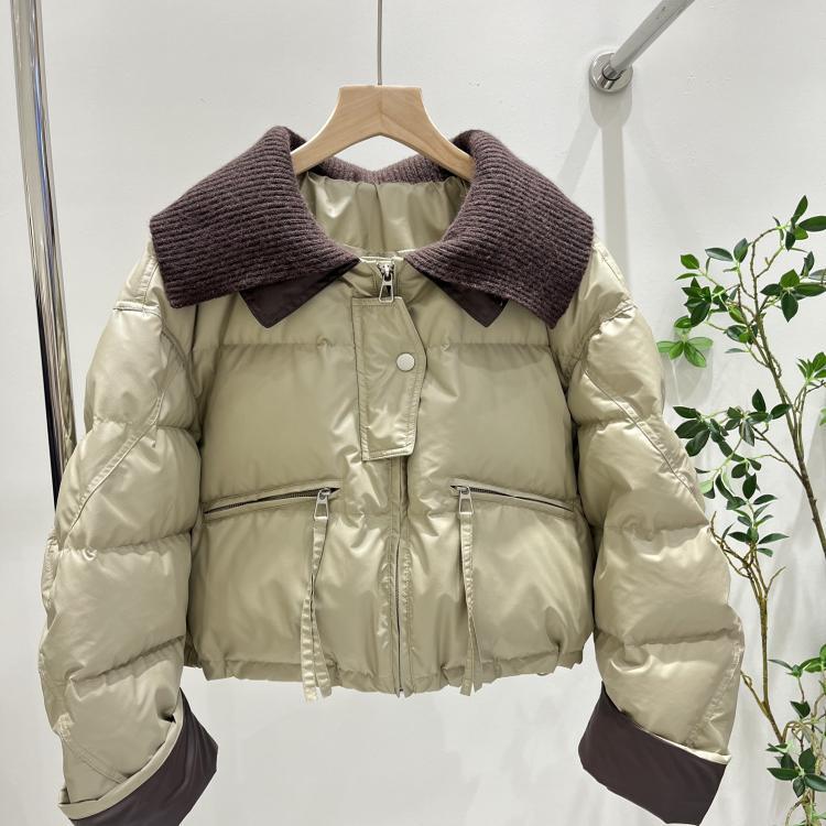 Winter European knitted lapel short down jacket women's winter protein leather splicing knitted white duck down jacket tide