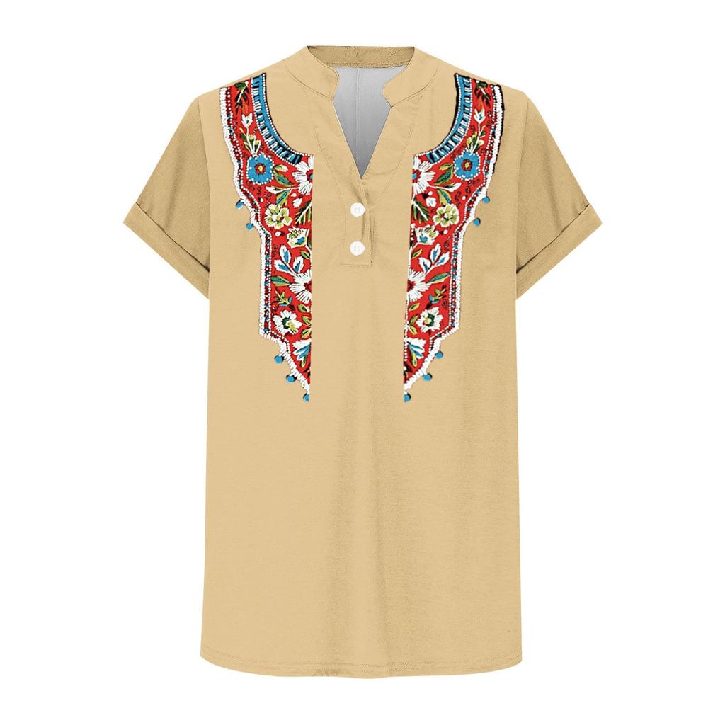 Damen Freizeit Locker Sitzend Kurzarm Knopf V-Ausschnitt Blumenmuster Bluse Top Leicht Atmungsaktiv Sommerhemd