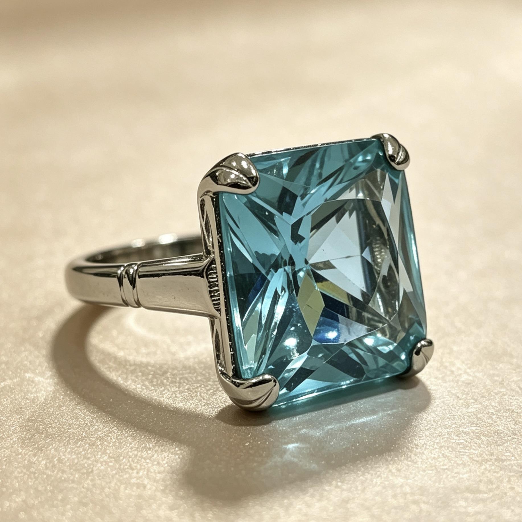 Minimalist Copper Ring with Large Square Emerald-Cut Aquamarine Blue Zirconia, Four Prong Solitaire Setting no. 6