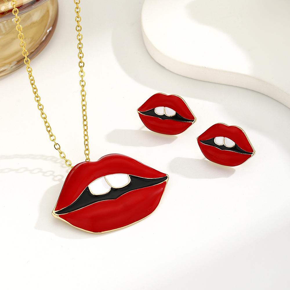 New Luxury Enamel Oil Dripping Red Lips Earrings Necklace Set For Women s Jewelry Party Birthday Gifts