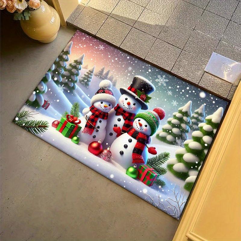 Winter Snowman Flannel Door Mat Carpet, 3 Snowman Print Absorbent Non-Slip for Kitchen Living Room Bedroom Bathroom Decor