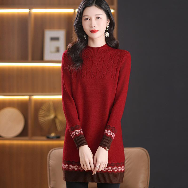Women's Sweater Half Turtleneck Mid-length Sweater Dress Autumn and Winter Commuting Style Loose Jacquard High Waist Inner Knitted Sweater