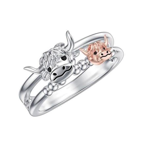 Женское кольцо с декором Хайлендской коровы Кольцо на палец Многослойное двойное кольцо Дизайн  Мать и ребенок  Кольцо-браслет на палец Западные украшения Подарок US 6