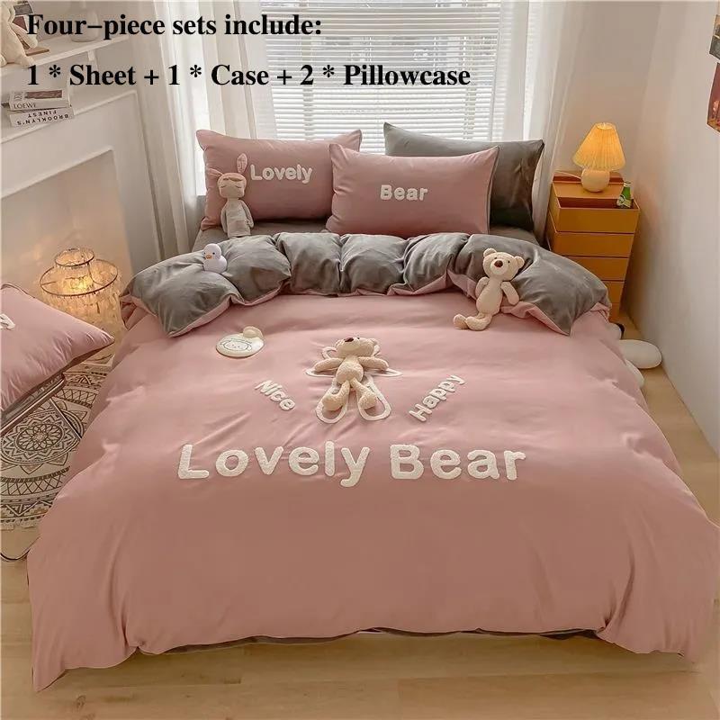 Milk Velvet Bed Four-piece Bed Single Suitbed Bedding Small Bear Model Princess Style Home Bedding