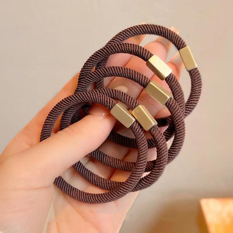 AWAYTR 5PCs Earth Tones Headbands Alloy Buckle Nylon Rope Ponytail For Women Hair Ties Holders Rubber Band Korean Headdress