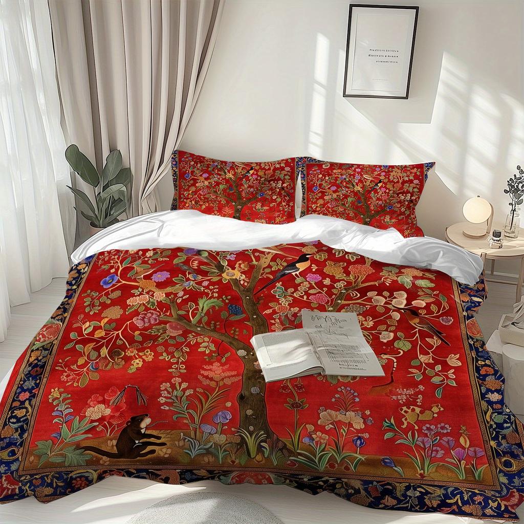 Red Festive Big Tree Luxury Duvet Cover Bedding Set for All SeasonsBedroom Dormitory Home Decor Soft Wrinkle-Resistant