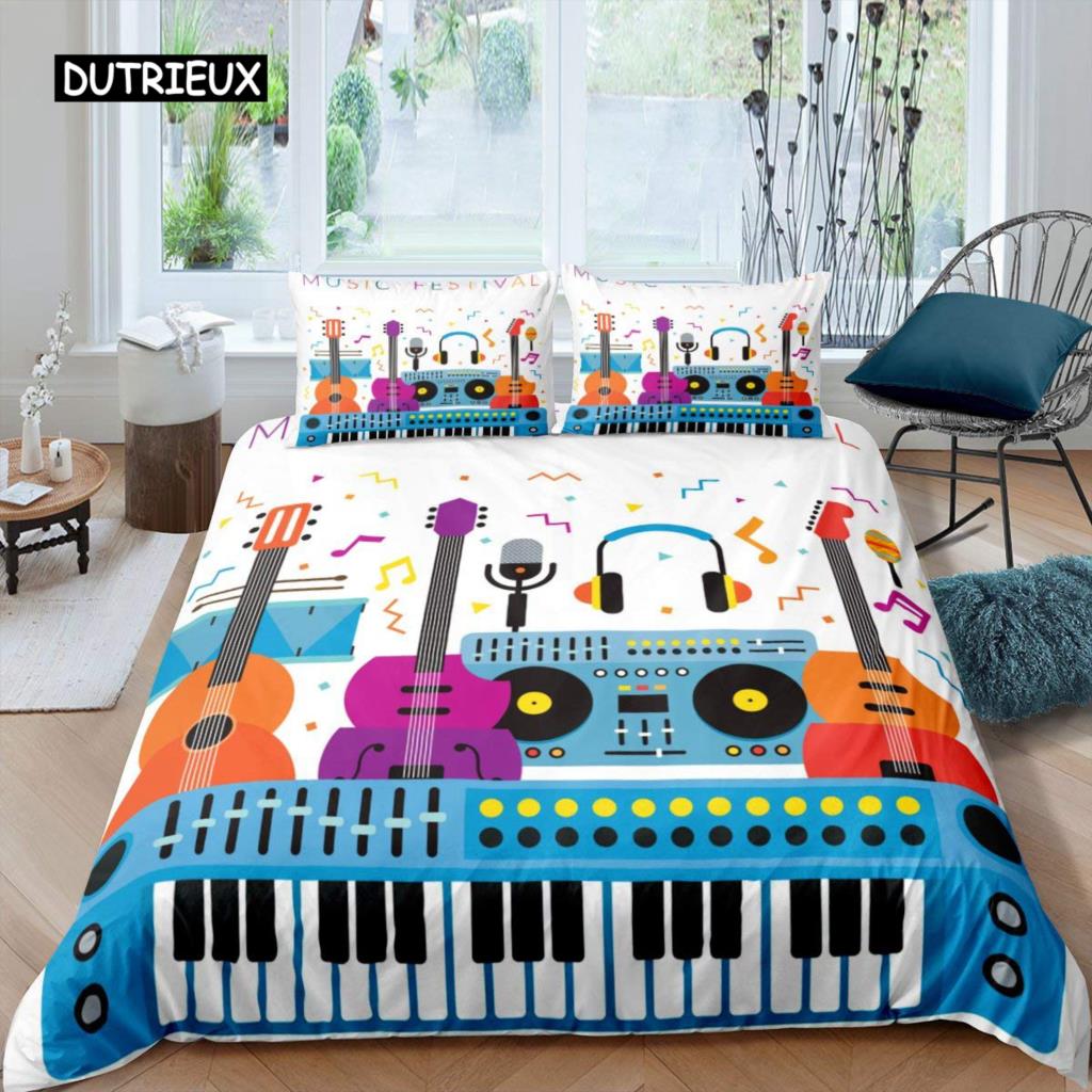 Piano Pattern Duvet Cover Microfiber Classic Music Themed 2/3Pcs Bedding Set Musical Pattern Geometric Stripe King Quilt Cover