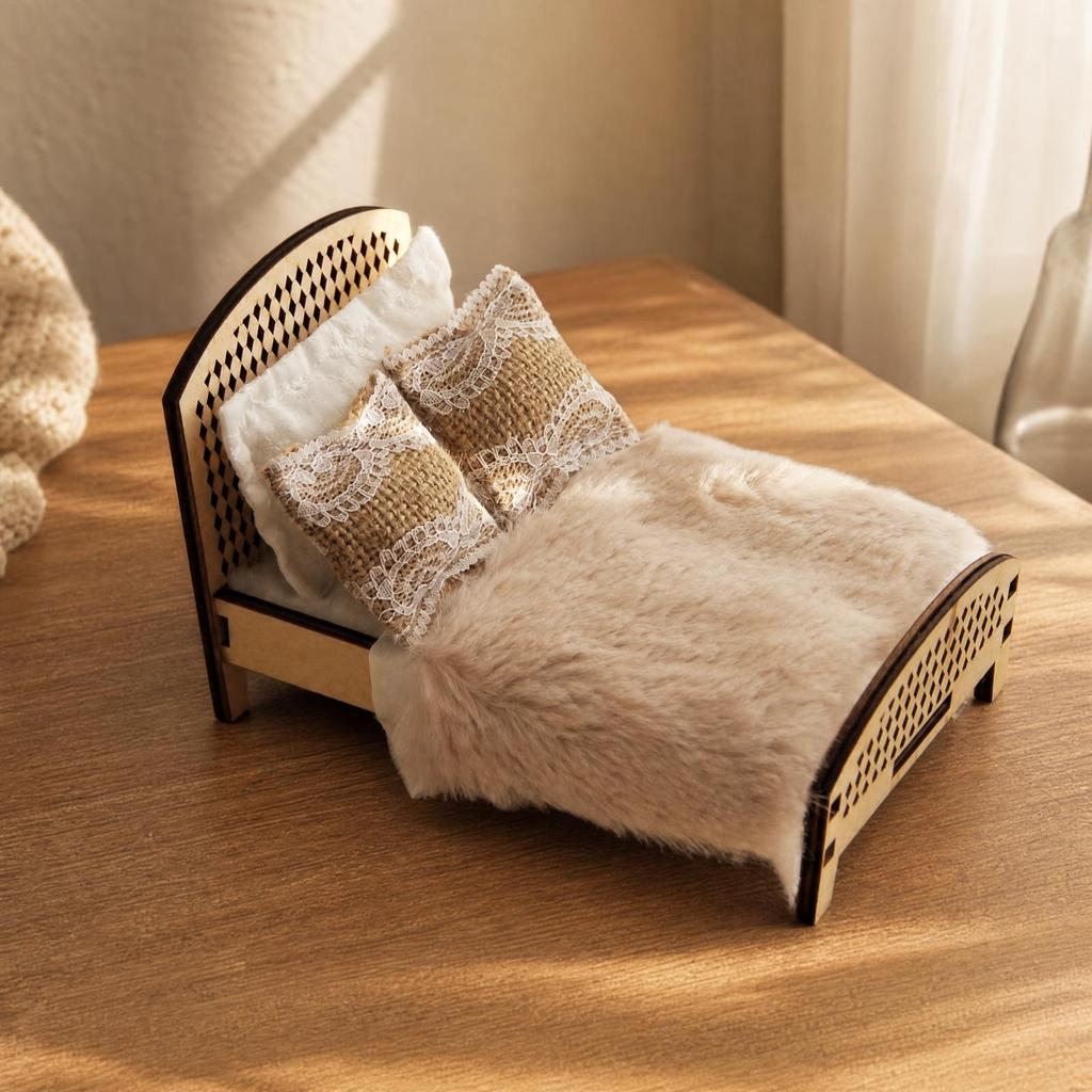 Dollhouse Bed Wooden Miniature Sturdy for Children