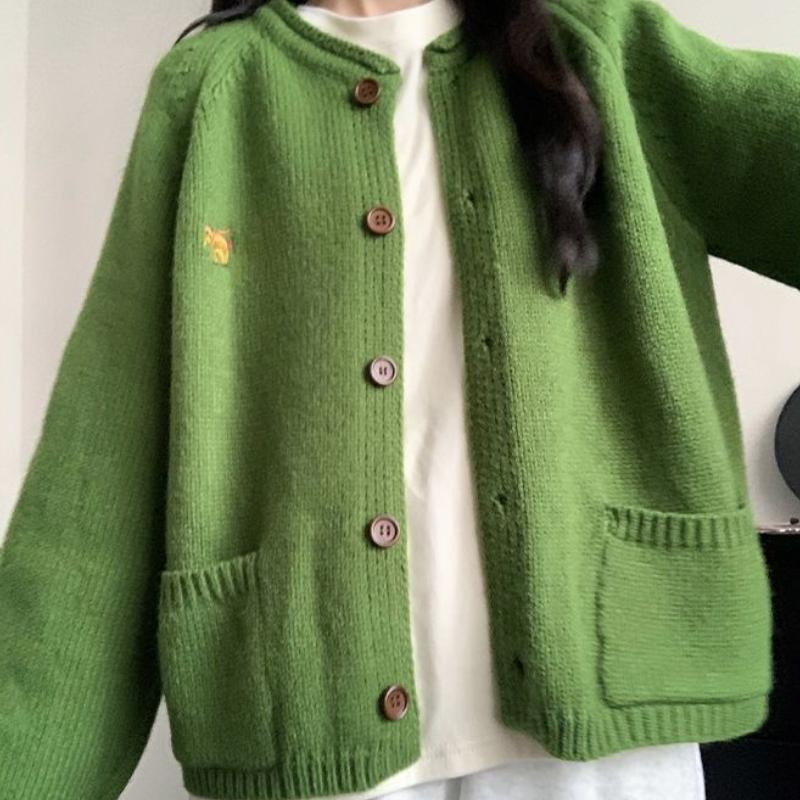 

French Sweet Embroidered Knitted Cardigan Sweater for Women Spring Outerwear Lazy Loose Style Top Fashionable Outerwear S зелений