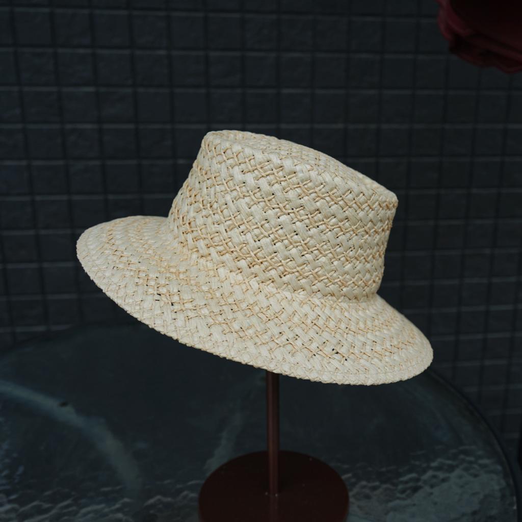 Beige Woven Flat Top Top Hat Women'S Summer Vacation Beach Seaside Trip Straw Hat Sun Protection Sunshade Japanese Retro Hat