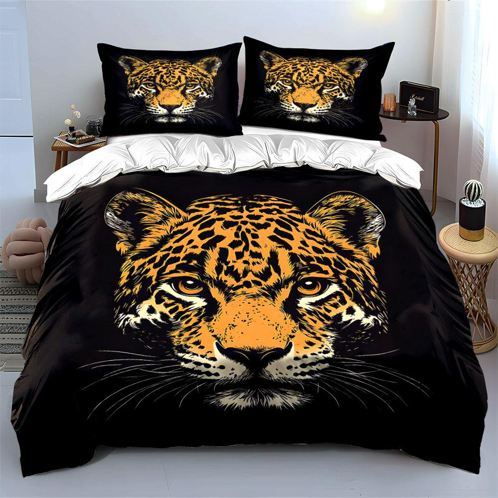Leopard Face Illustration on Black Background Print Bedding Set Duvet Cover Pillowcases (1* Duvet Cover 2* Pillowcases Do Not Include Comforter)