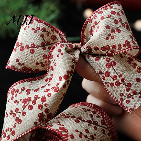 Holiday Theme Fabric Ribbon Christmas Red Berry Ribbon, 2.2 Yards Imitation Linen 2.5 Inch Wide Wired Edge for Bows Gift Box Packaging DIY Wreath Tree