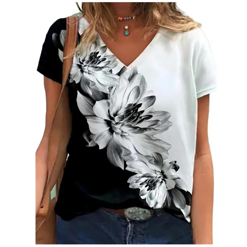Summer V-neck Flower Pattern 3D Printed Top Fashionable Casual Short Sleeved Women's T-shirts