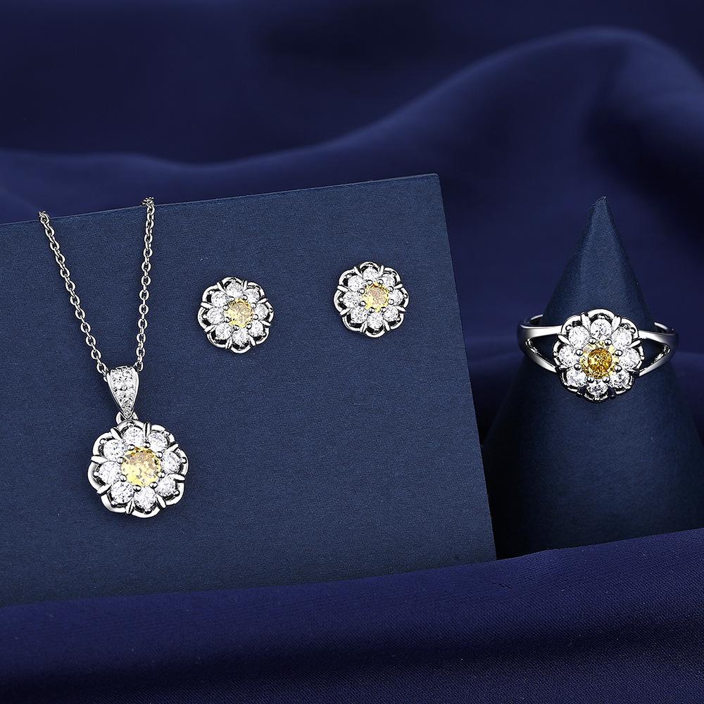 Sunflower Three-piece Luxury Set with Diamond Ring Necklace Stud Earrings Yellow Diamond Temperament Set Ring Size:Adjustable