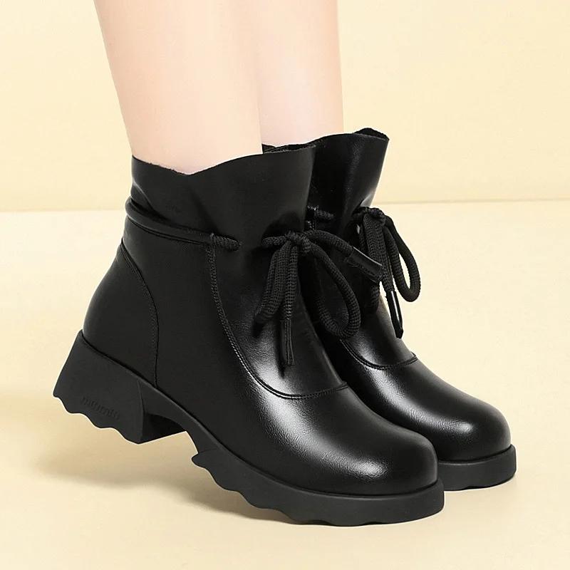 4cm British Style Soft Leather Shoes Women's Snow Boots Platform Winter 2025 Square Heels Warm Fur Ankle Boots for Office Mom