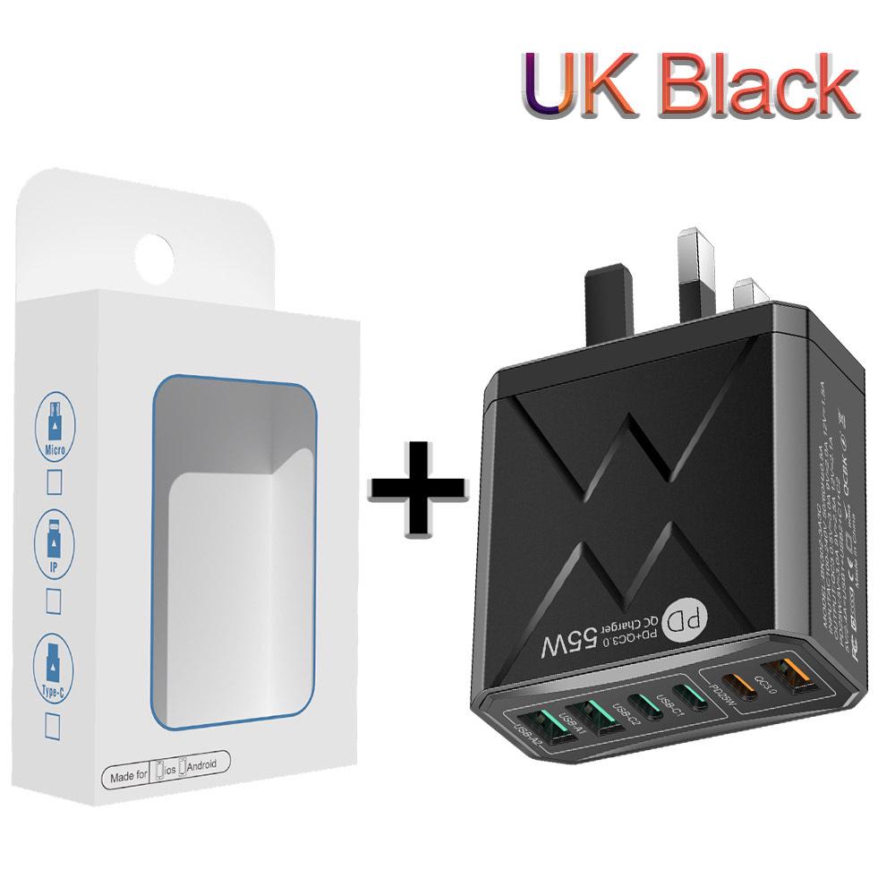 55W QC 3.0 Six-Port Fast Mobile Charger with PD, USB Ports, EU/US/UK Compatibility