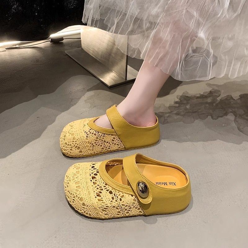 Inner heightening platform princess lace shoes women's 2025 autumn new slippers flat-bottomed sports and leisure mesh breathable semi-drag