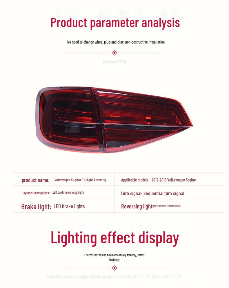 LED Taillight Assembly with Sequential Turn Signal for 15-18 Volkswagen Sagitar.