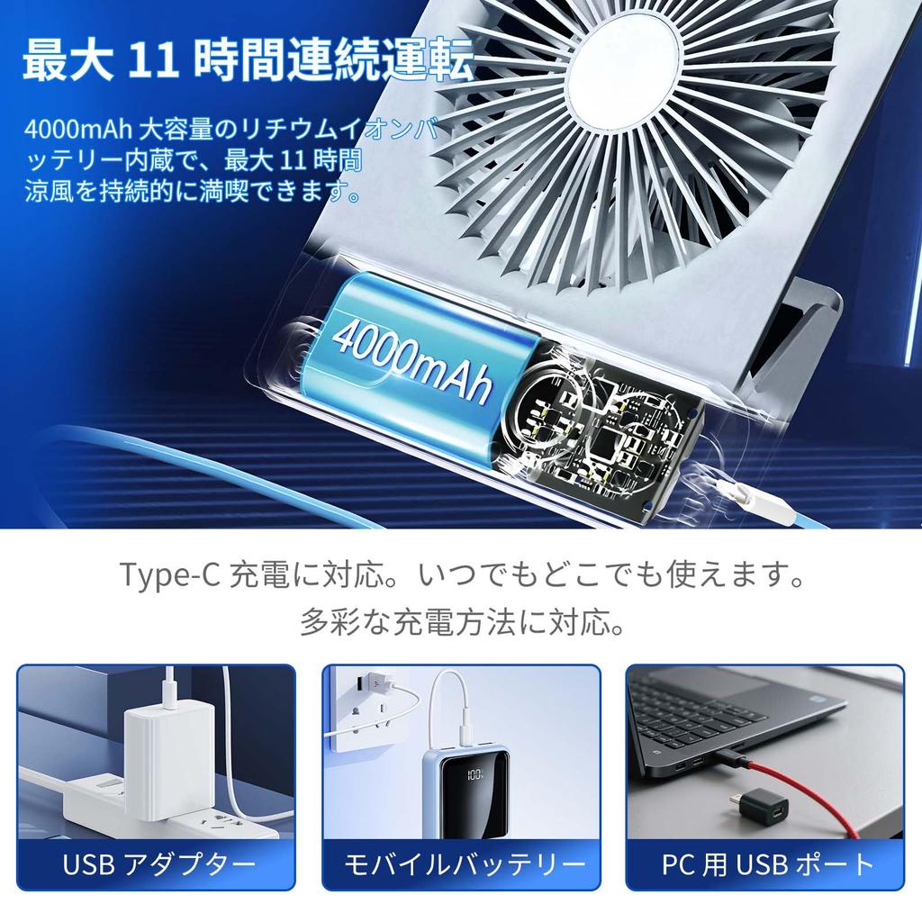 YAMOOCO Small Rechargeable Desk Fan Soft Wind 4000mAh Battery LCD Battery Level USB Fan with Stepless Airflow Mini Angle for and Outdoor Use [5-Blade