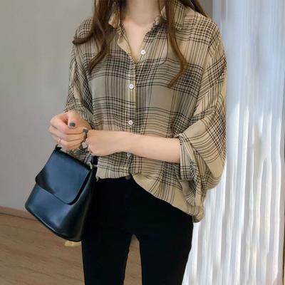 Revers Batwing Langarm Knöpfe Knopfleiste Frauen Hemd Klassische Plaid Print Lässige Dünne Hemd Bluse Weibliche Kleidung