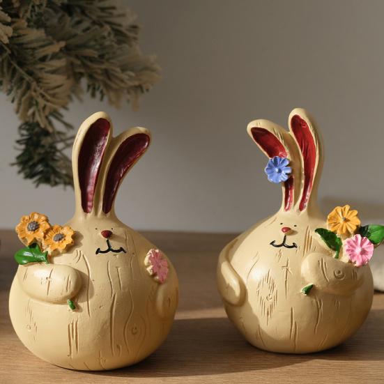 2 Pcs Easter Bunny Figurine Cute Round Garlic Bunny Statue Resin Rabbit Sculpture for Shelf Mantel Tabletop Spring Indoor Decoration