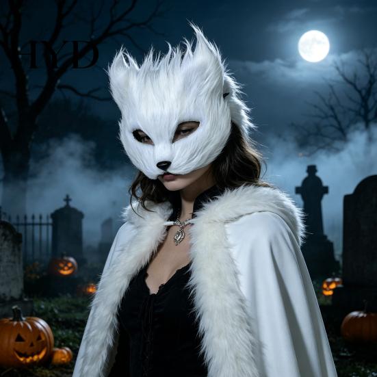 Lightweight Cosplay Animal Mask Long Fur White Fox Half Face Mask, Halloween Masquerade Comfortable Elegant Fairy for Ancient Style Photoshoot