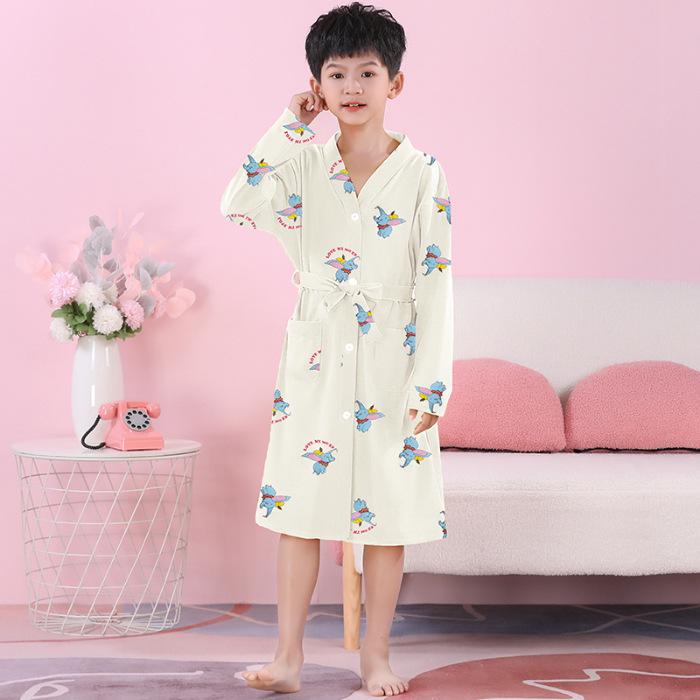 Girls' Combed Cotton Long-Sleeve Pajama Robe - Spring/Summer Bathrobe for Kids, Cute Sleepwear for Middle and Big Girls