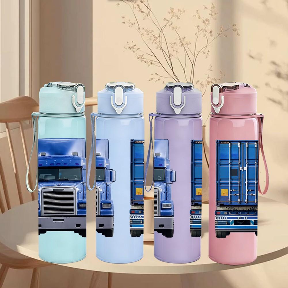 1PC Big Truck Lorry Vehicle Print 750ml Color Plastic Sports Water Bottle Leakproof Flip Straw Lid Suitable for Sports Office Home Use