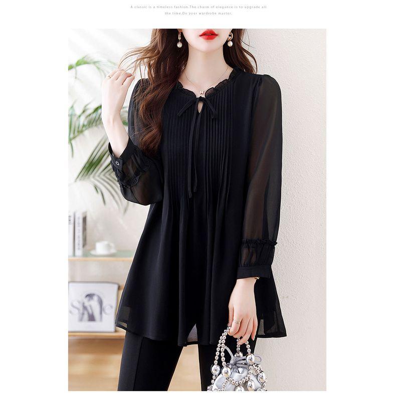 

September Momo Plus Size Chiffon Long Sleeves Shirt Women s Spring & Fall New Arrival Western Style Mid-Length Belly-Covering Coat Skirt Hem Shirt Black 4XL