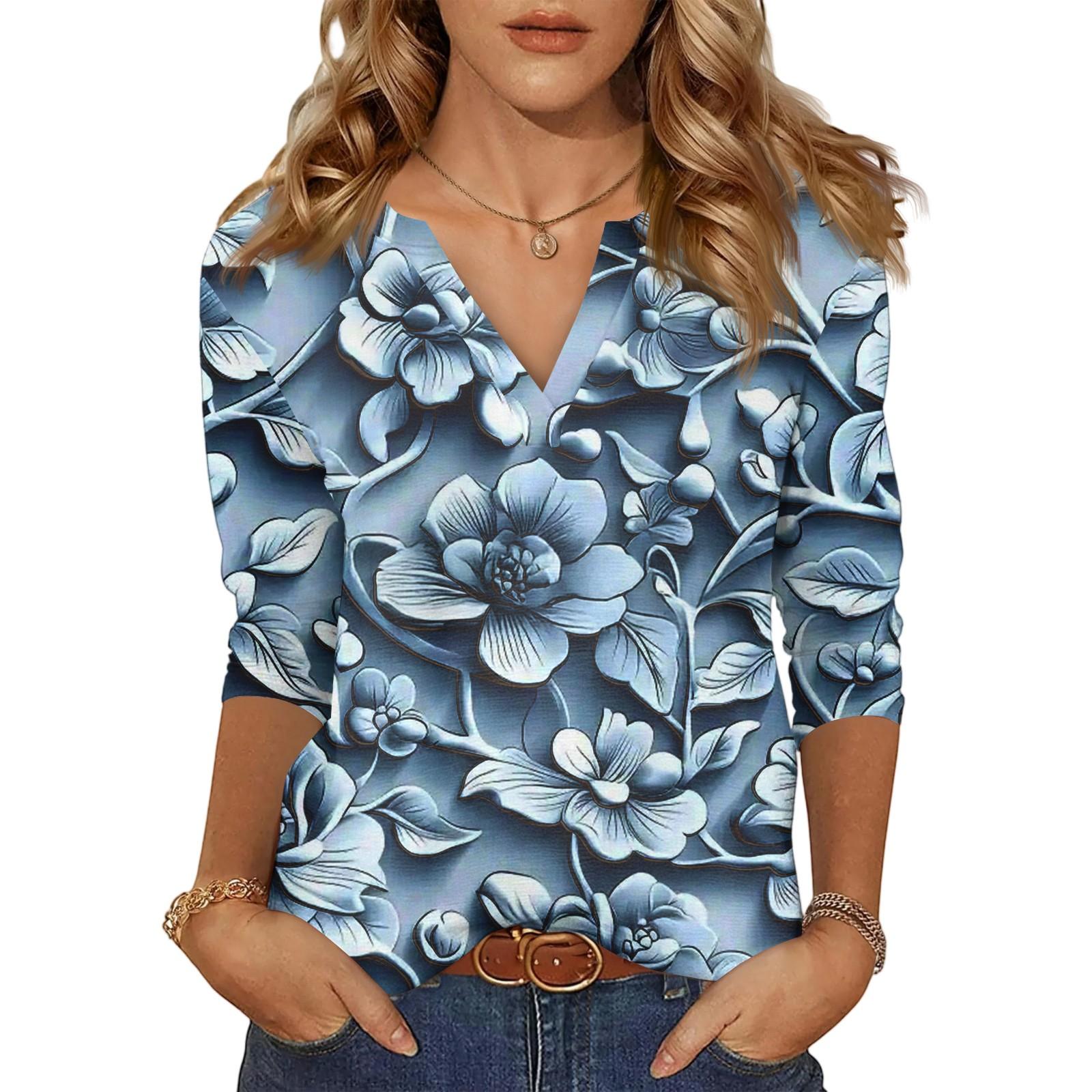 

Женский повседневный модный сексуальный удобный топ с V-образным вырезом и цветочным принтом, с рукавом семь восьмых L