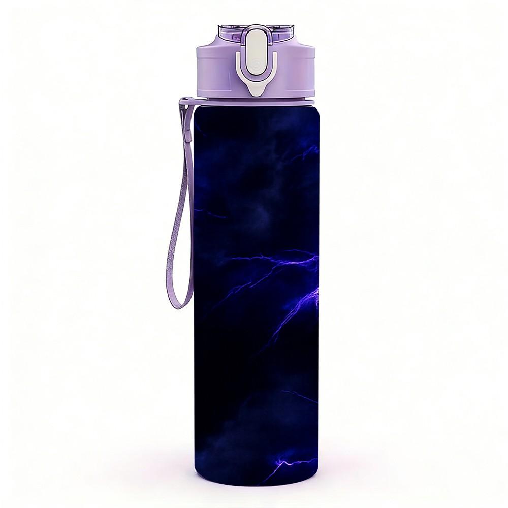 1PC Dark Blue Purple Lightning Storm Print 750ml Color Plastic Sports Water Bottle Leakproof Flip Straw Lid Suitable for Sports Office Home Use