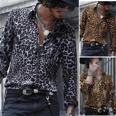 Herrenmode Leopardenmuster Langarmhemd Revers Casual Button Slim Top Club Party Persönlichkeit Street Hip-Hop-Shirt S-3XL