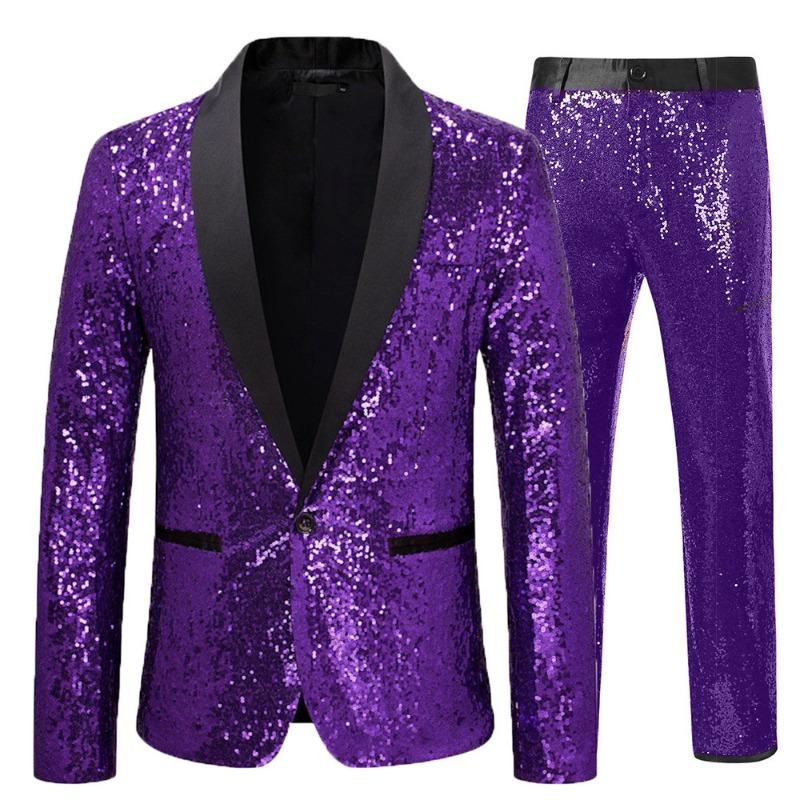 Heren paars pailletten smokingpak zwart satijnen revers 2-delig formeel feest blazer en broek set