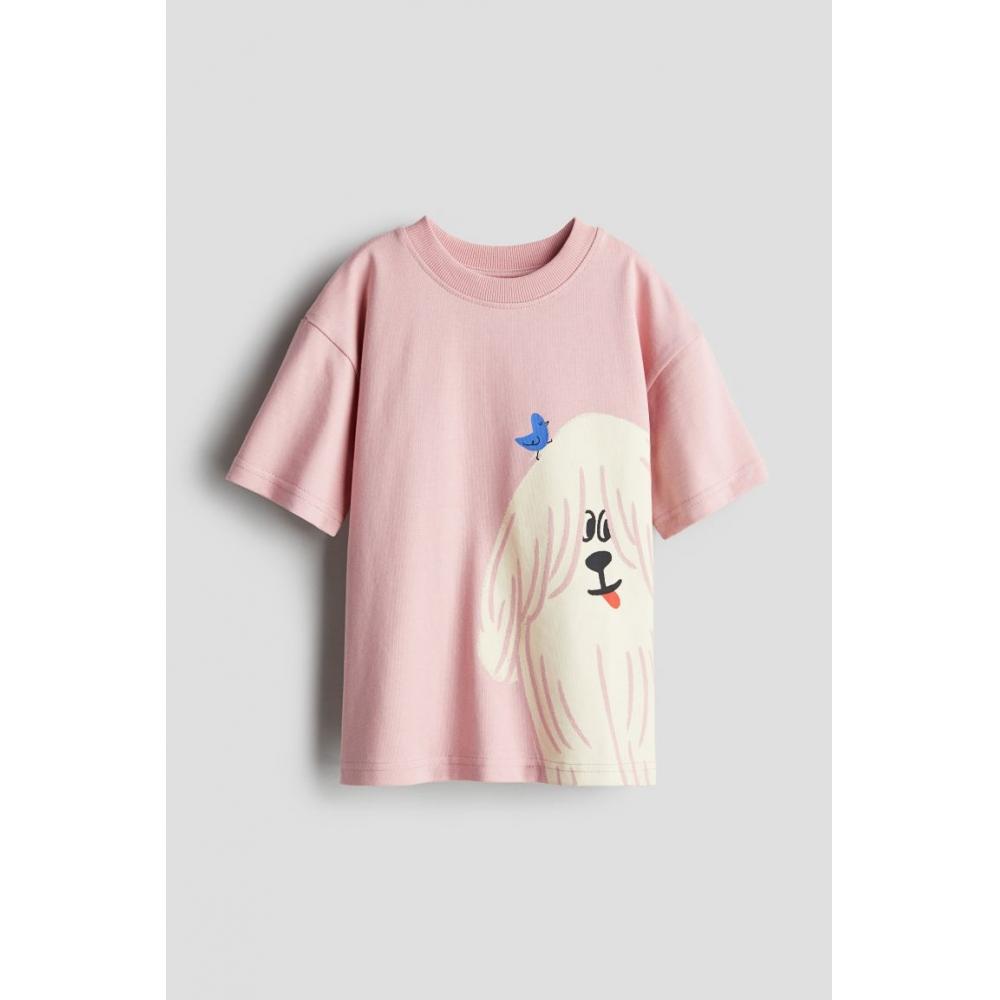 

H M Design Cotton T Shirt Light Dusty Pink Dog