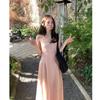 Romantic Pink V-neck Fairy Camisole Dress with Waist-cinching Slimming Long Skirt