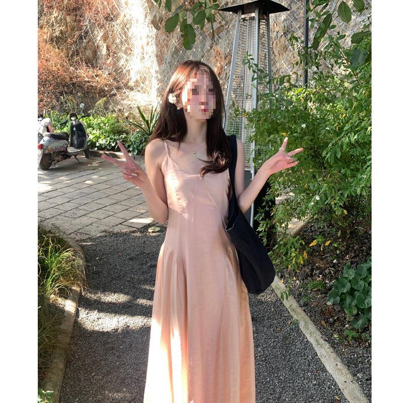 

Romantic Pink V-neck Fairy Camisole Dress with Waist-cinching Slimming Long Skirt L