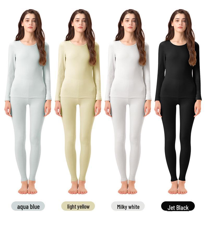 Women's Seamless Thermal Underwear Set - Antibacterial, High Elastic, Plus Velvet, Thin, Long Sleeve, Round Neck, Cotton Blend, Autumn.