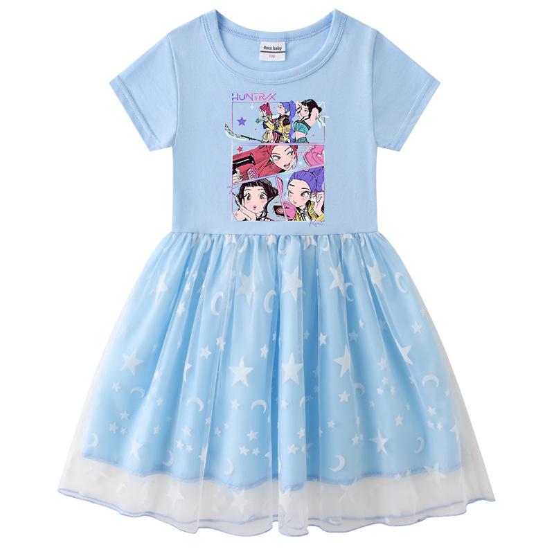 Vestido de Princesa Kpop Demon Slayer para Niñas con Lentejuelas Arcoíris y Malla, con Mangas Largas y Cortas para Primavera, Verano y Otoño.