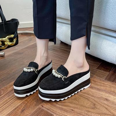 Chain Womens Slippers Fashion Women's Shoes 7cm Heeled Suede Platform Comfortable Loafers Baotou Outdoor Casual Mules Slippers