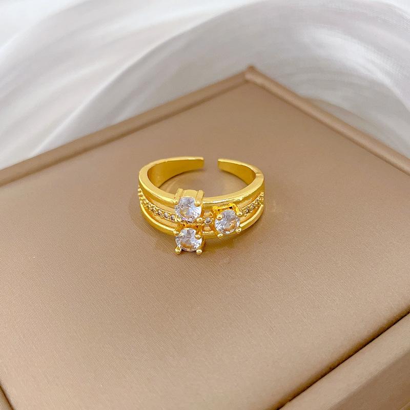 Real Gold Light Luxury Full Diamond Three-Layer Ring Opening Adjustable Simple Jewelry Japanese Ring Couple Ring