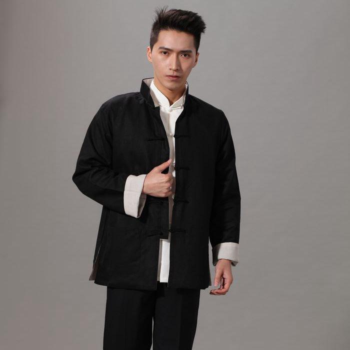 Men's Ethnic Style Tang Suit Jacket: Reversible Cotton-Linen Long Sleeve Hanfu for Spring/Autumn