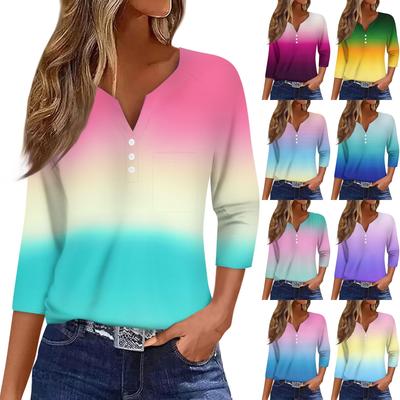 Dámska ležérna móda výstrih do V voľná všestranná gradientná potlač trojštvrťové rukávy